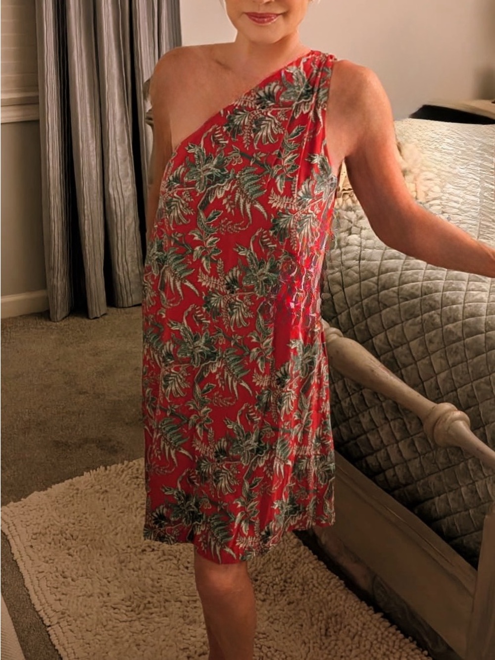 LOFT One-Shoulder Red Floral Dress